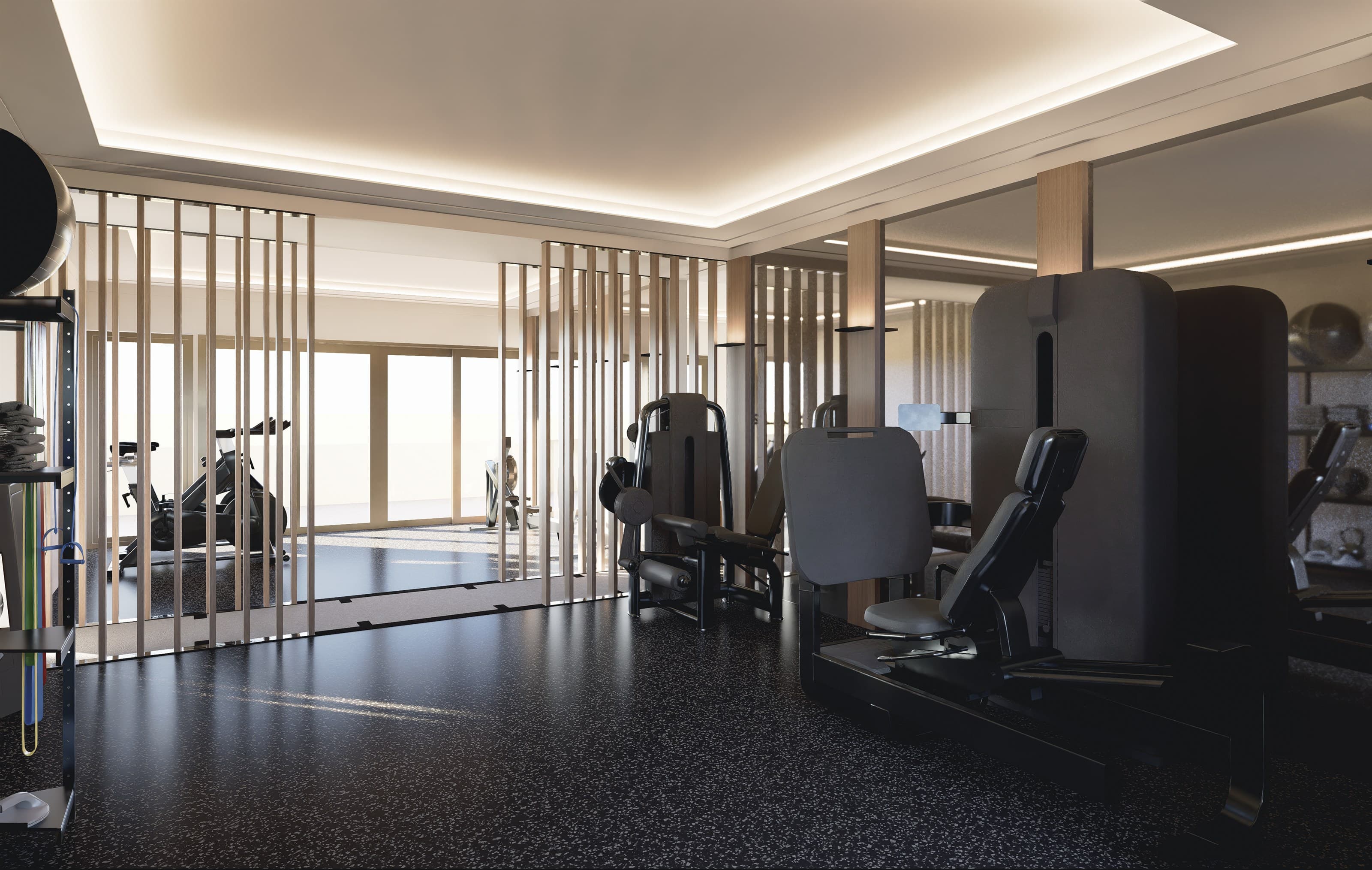 Render of the stretching room with a seated machine and an exercise bike behind a timber screen at Adapt, North Sydney