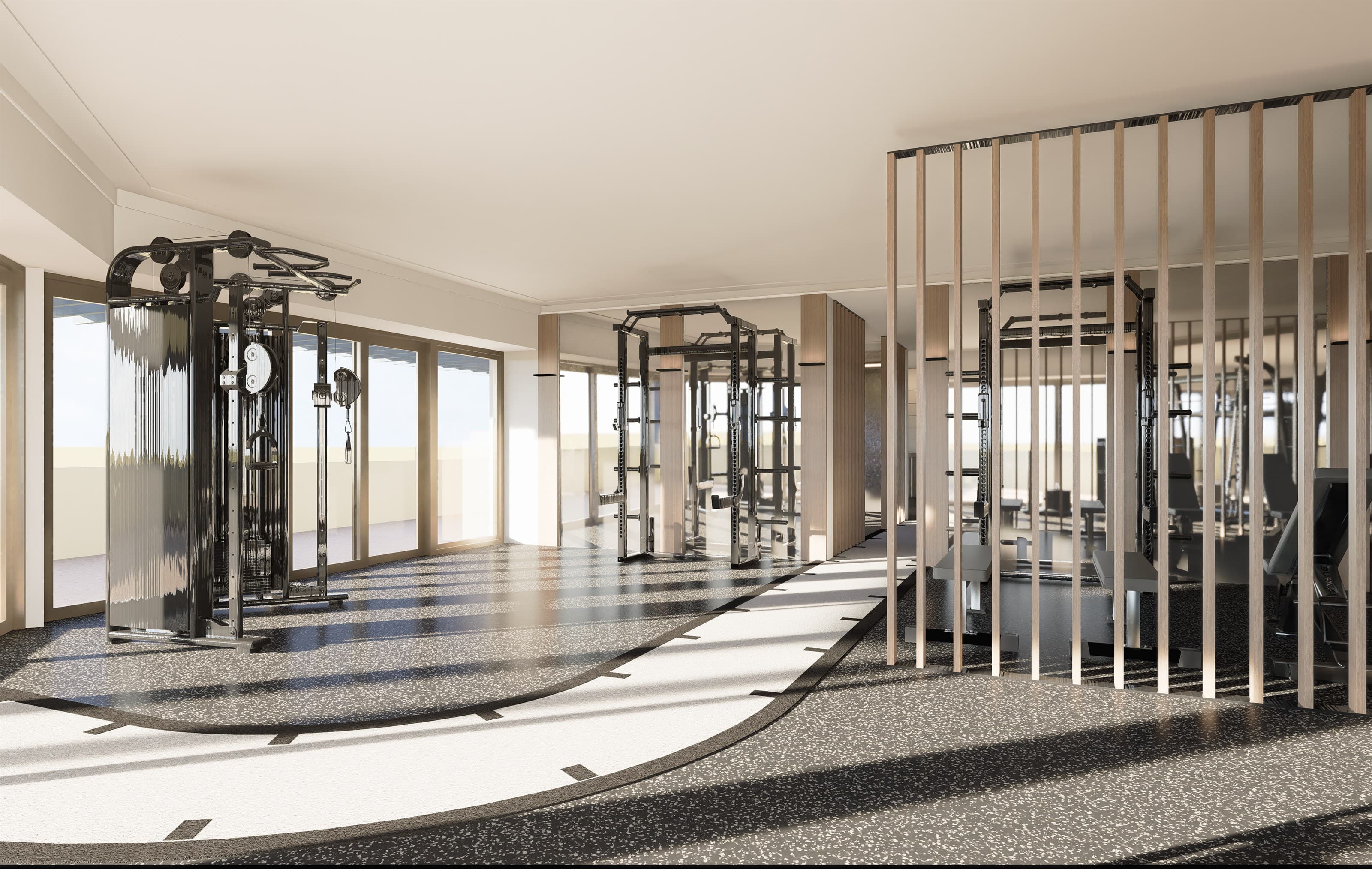 Render of a cable station, squat racks and timber screen beside a curved track at Adapt, North Sydney