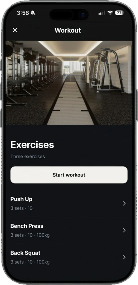 Adapt app workout screen listing push up, bench press and back squat