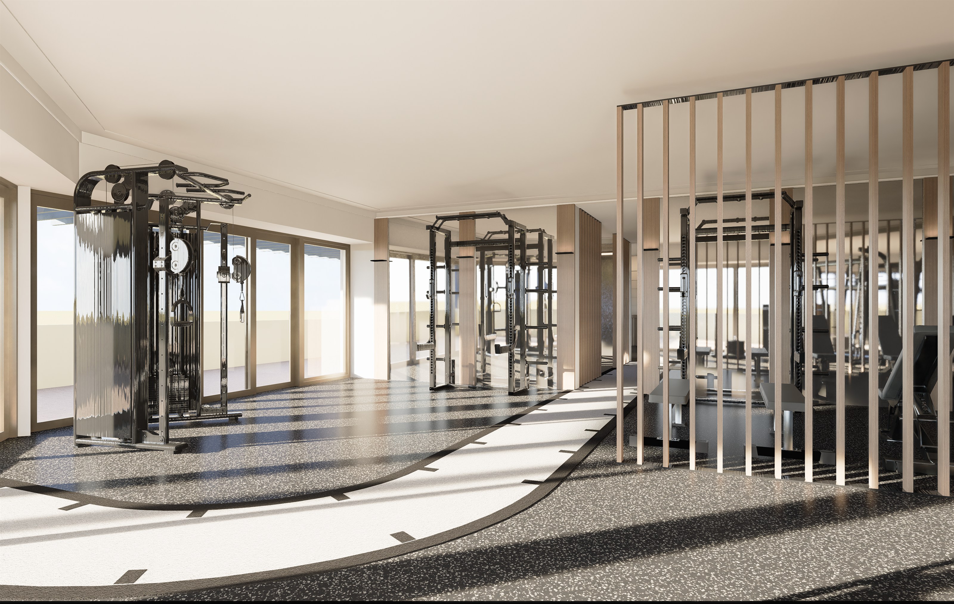 Render of the gym floor with rigs and a training track at Adapt, North Sydney
