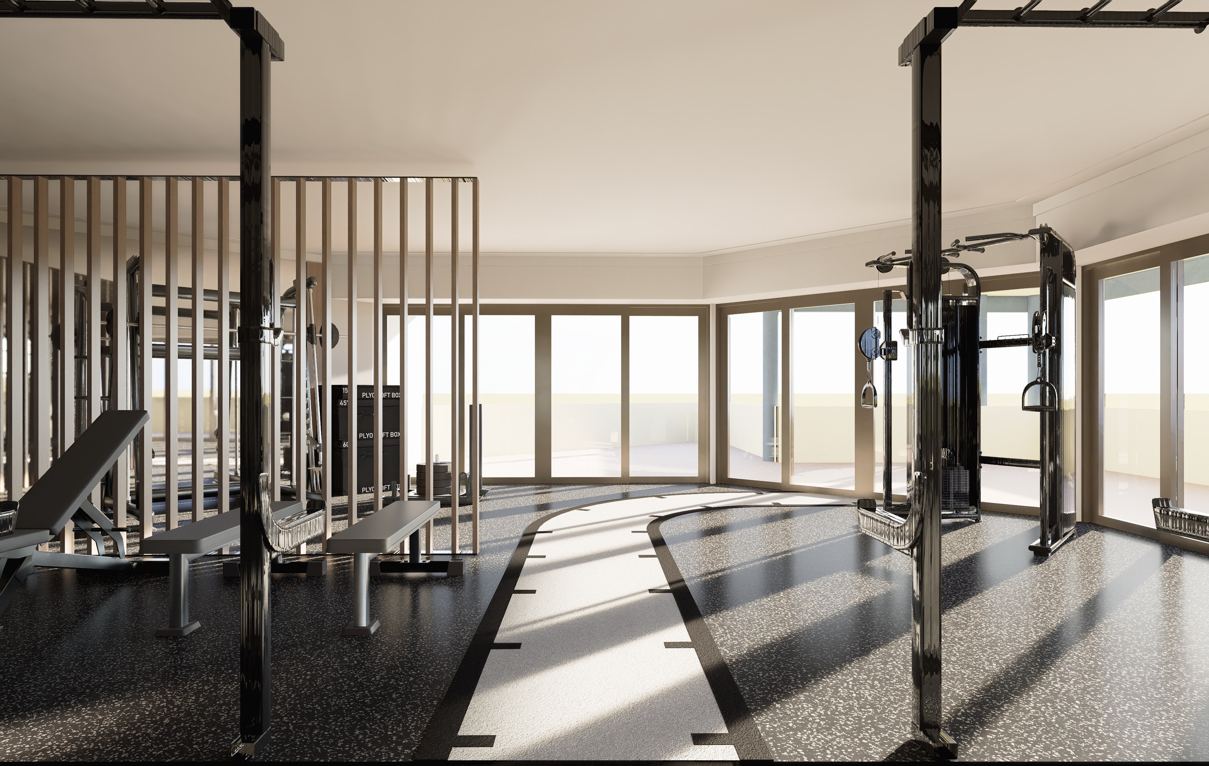 Render of the training floor with racks and natural light at Adapt, North Sydney